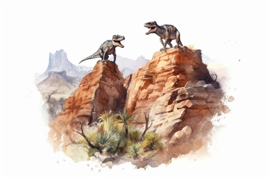 Watercolor, Design a scene with a pair of Megalania climbing a rocky cliff in search of prey clipart, hd, on a white background, spaced out