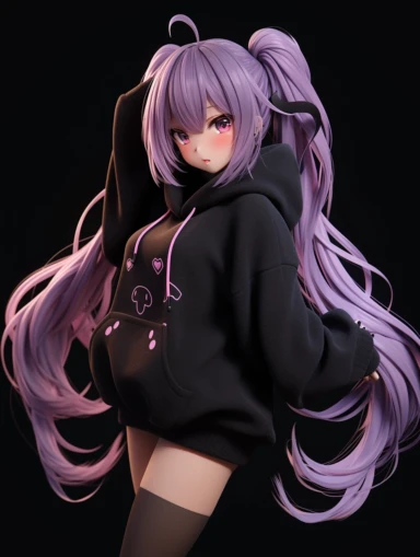3d anime style, 3d, 3d model, 3d anime model, anime girl, long purple ponytails with blue highlights, dark pink eyes, blushing, oversized grey hoodie, hair clips, thigh highs, stockings, pearl necklace, purple hair, dark pink eyes, pink eyes, shorts, pastel, cute, small, chibi, chibi girl