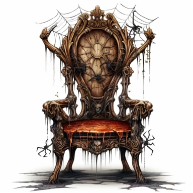 a fantasy clipart of an old wooden halloween chair, include spider webs, white backgroudn no paint drips, high detail