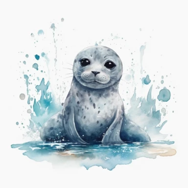 cute seal on an iceberg , grey paint splatter, big eyes, clipart, white background, watercolor