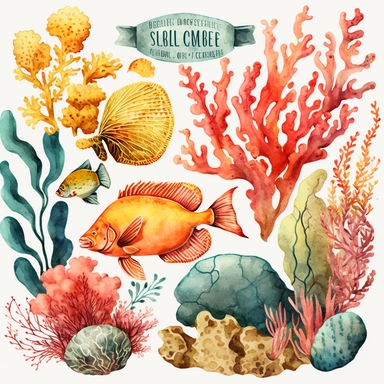 vintage colorful watercolor coral reef clipart red lobster and yellow flounder transparent background