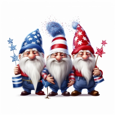 4 july gnomes photorealistic clipart,on white background with margins