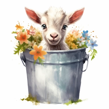 realistic watercolor cute baby goat sitting inside a bucket with 2 feet on the edge peeking out, with flowers and grass around the outside surrounding of the bucket, solid white background, clipart