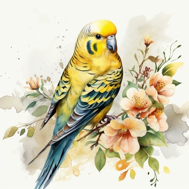 budgie bird, colourful, yellow, watercolour, isolated solid background, pretty, floral, clipart, include branch and flowers--no watermark, text, words, paintbrush, typography