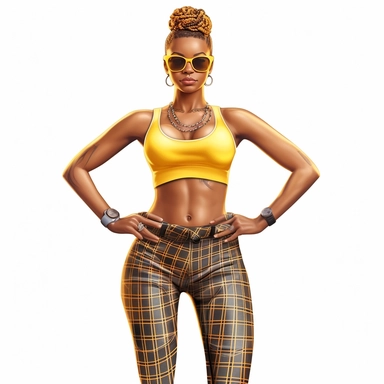 full body hands on hips clipart vector illustration but natural of a curaveous woman athlete, cornrows updo intricately detailed,, wearing checkered mustard yellow and black crop top sweatsuit richly detailed, white tank top matching tennis shoes round sunglasses photo taken with provia,8k 3d