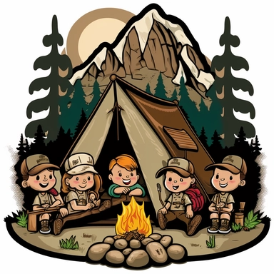 girl scout group camping fireplace tent forest mountains clipart no text