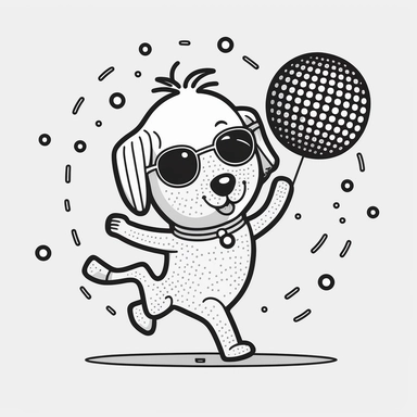 A cartoon dog dancing in a disco with a disco ball. cute, clipart, flat 2d vector, minimalist, black and white, kids cartoon, svg cut file, line art drawing