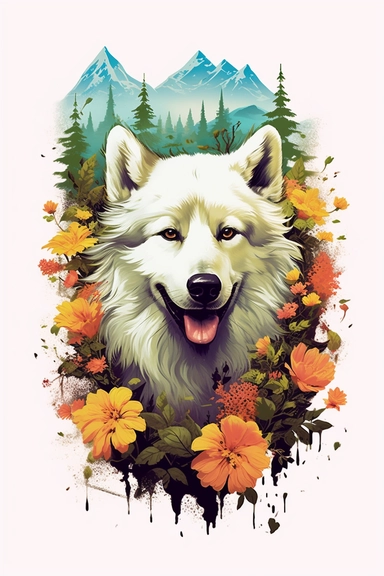 white background, dog, 3d, super closeup, sticker, photorealistic, artwork of t shirt graphic of majestic forest, in digital painting style , beautiful flowers, sunset mountains and clouds , big vines, plants sorround, highly detailed clean, vector image, photorealistic masterpiece, professional photography, realistic, flat white background, isometric, vibrant vector, clipart, illustration, realism, 4k, , cinematic, front view, paradise, extremely white background