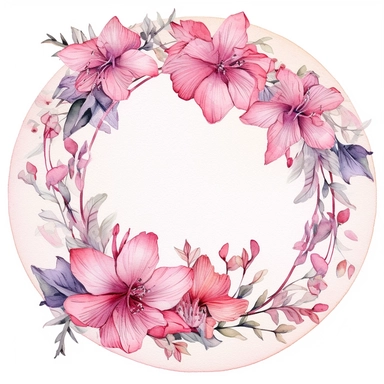 Delicate watercolor clipart showcasing a cluster of pink flowers, viewed from a bird's-eye perspective, arranged within a circular frame adorned with intricate botanical motifs, evoking a sense of grace, harmony, and the eternal cycle