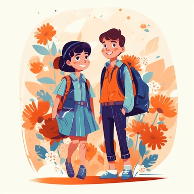 girl and boy with bouquet of flowers together go to school illustration, children storybook illustration. 2d, vibrant luminous colors, flat style, ink Lines, clipart, white empty background, sharp, high resolution, blue orange warm