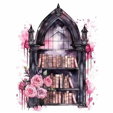 Gothic style bookcase with watercolor effect,suitable for digital clipart,white background,gothic pink scene,gothic colors,gothic tools,gothic roses,dark scene,twinkles