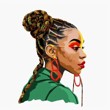a black woman with braids and beads, green, yellow and red beads, with shades on, juneteeth art, sideview, watercolor clipart