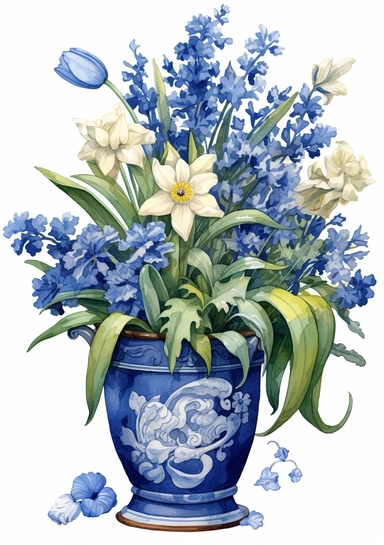 a Delft Blue Dutch ceramic planter - Dutch Charm: Tulips (Netherlands), Hyacinths (Netherlands), Daisies (Germany) - artistic watercolor clipart