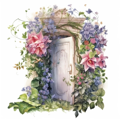 watercolor, hyper realistic, white background, white margins, 16k, ultra detailed clipart, cut out image, hand-drawn a hidden door tucked behind a curtain of cascading flowers, with a hint of mystery and intrigue.