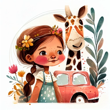 watercolor clipart, A car racing with a family inside, a 6-year-old child and the parents, motion, the girl sees a dog outside the car, the girl sees a giraffe outside the car, magic, illustration story book style for children