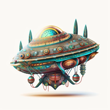 Illustration in boho style, clipart, sublimation painting Unusual alien spaceship. Bright colorful colors. White empty background, high quality 8k, quality detail