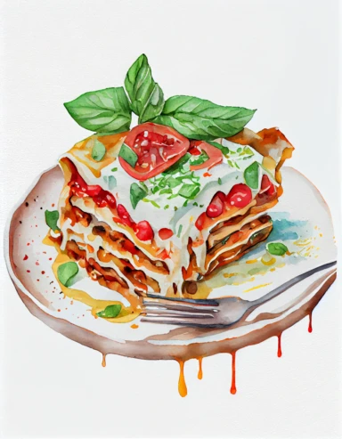 detailed watercolor lasagna on a plate with fork, realistic, isolated on white background, clipart