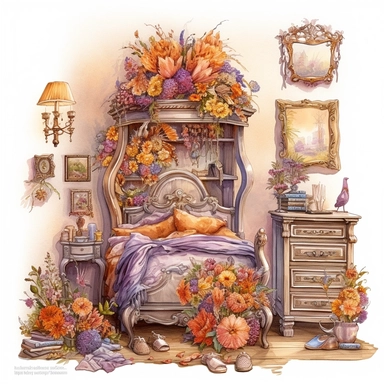 watercolor mixed media masterpiece a elegant Flowerpunk bureau, richly decorated with lavender and pumpkins and mushrooms and sunflowers, full of beautiful dresses on hangers, pots with flowers, bedroom interior, provence, golden accents, shabby shic style, by Ivan Fedorovich Choultse style and by Rodney Matthews style and by Vladimir Kush style, Baroque style, PNG clipart, isolated on white, extreme photorealistic details, 32k HD resolution, realistic high detailization high resolution