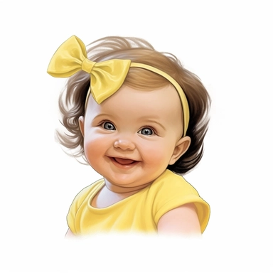 Adorable, cute, caucasian, baby girl, happy, smiling, wearing a yellow shirt and a satin ribbon in her hair, extreme focus, professional artists rendition, no text, no logo, no name, no letters, Highly Detailed, clip art, white background, smooth edges, f