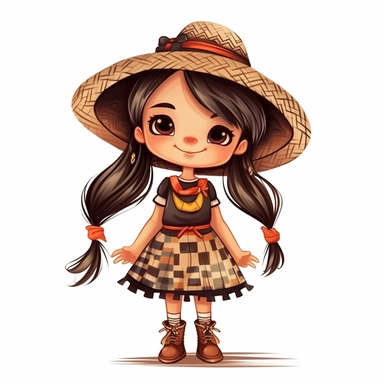 little cute girl , braids in her hair with bows at the ends, smiling, beautiful festa junina dress plaid, hugh eyes, straw hat on her head, boots, clipart style, embarressed with black outline,