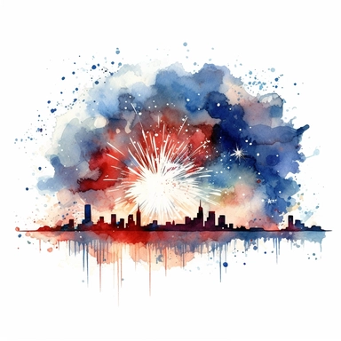 4th of July red white and blue Firework watercolor clipart, detailed, in the sky during nightime over a skyline, white background