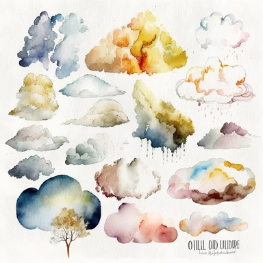 clouds, ombre, watercolor,all white background, clipart