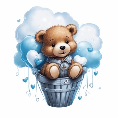 cute brown Baby teddybear smling while laying in a white cloud with a blue bib on with a white heart in it wearing blue and white balloons, clipart, black background