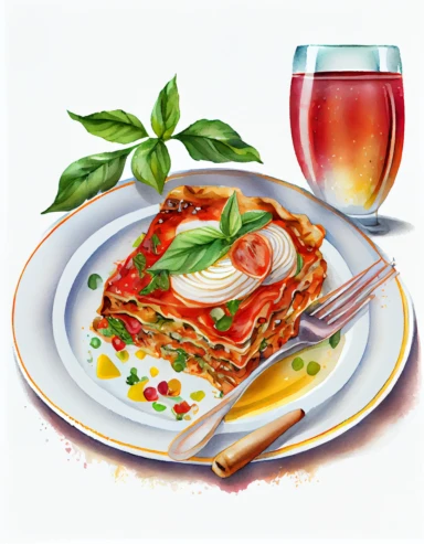detailed watercolor lasagna on a plate with fork and glass of juice, realistic, isolated on white background, clipart