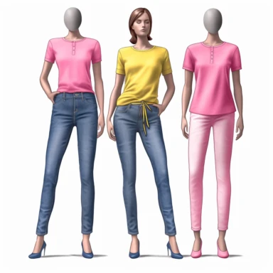 2d illustration of 3casual outfits, fashion illustration, clipart, illustration pink tshirt with jeans, on mannequin, white background, 360dpi, high resolution