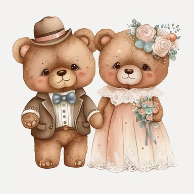 cute teddy bears getting married, handpainted, clipart, white background