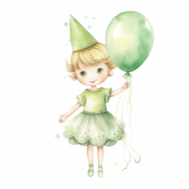 watercolor little princess clipart, green tone colors, big eyes, smiling, lovely, adorable, wearing crown, holding a baloon, full body, on white background
