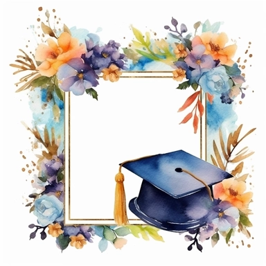 large golden frame with graduation caps and flowers, watercolor style, clipart