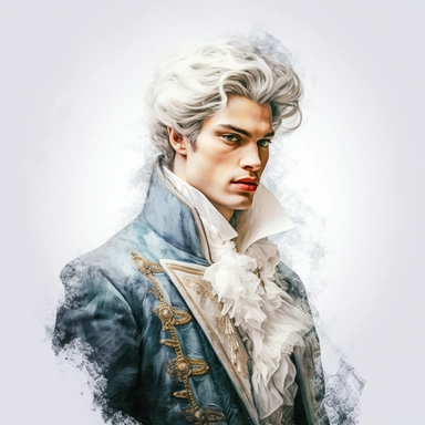 beautiful stunning handsome boy in vintage baroque fashion , paint art style, clipart, white background, superrealistic, one of a kind