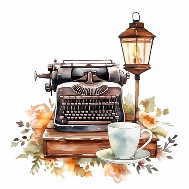 Typewriter Lantern Book Coffee Watercolor Sublimation Clipart, Clipart, white background, no watermark, no text, no word,