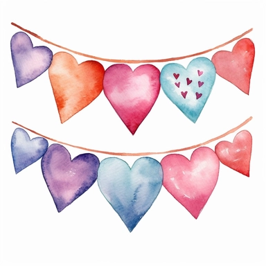 watercolor bunting with hearts, clipart on white background