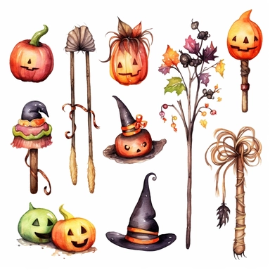 beautiful loose watercolor, halloween clipart, a witch's broom , illustrations clipart set, simple, halloween colors , cartoon elements, different variants , candy cane, hollybell, bow, separate elements with a margin, on white backgound
