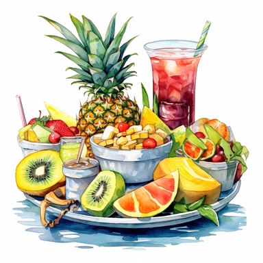 Clipart, watercolor, white background: Create a clipart of a pool party food and drink station, featuring snacks, beverages, and tropical fruits