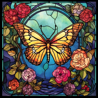 stained glass clipart of one butterfly and flowers, claude monet style
