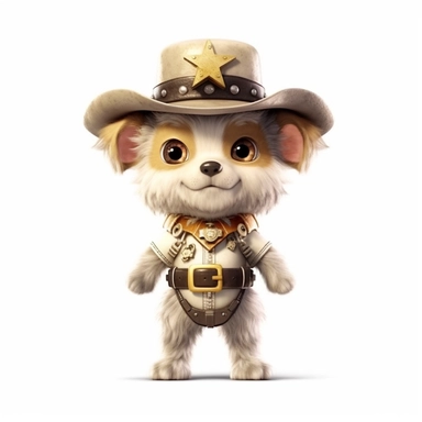 Adorable cute fantasy baby dog dressed like sheriff standing in dynamic pose,front view,fullbody,sharp through out,happy expression, nursery art, clipart image, lineart image, white background, very detailed, 8k, composition wide shot