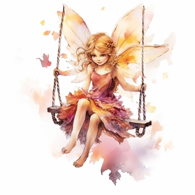 beautiful watercolor clipart painting of A magical fairy in the style of Disney movies in orange pink purple fantasy style sitting on a swing made of ropes and yellow leaves Her gaze shifts to the side and up