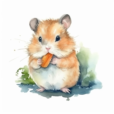 Little baby hamster nibbling on a carrot, cute adorable drawn with watercolors, childbook illustration style, clipart with white background