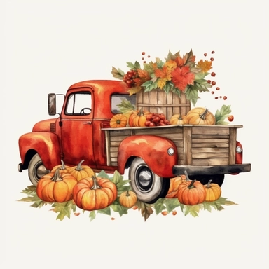 A red shabby American classic truck with two cute gnomes and pumpkins, sunflowers, maple leaves, autumn harvest, nature, watercolor clip art style, 4K HD,