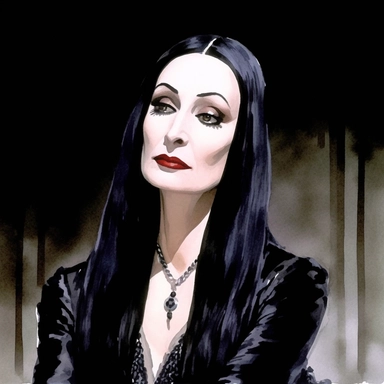 charming Morticia Addams from the movie The Addams Family by Barry Sonnenfeld, watercolor by mary whyte, romantism, clear line, white solid background, clipart, gothic