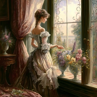 beautiful lady, very detailed, wearing beautiful flowing dress, standing by large victorian window, looking out the window, beautiful romantic bouquet of flowers, beautiful crystal ornate vase, sitting on table with decorative tablecloth, infront of large victorian window with beautiful flowing curtaings, soft colors, crisp colors, ribbon, very detailed, fantasy, romantic, clipart style