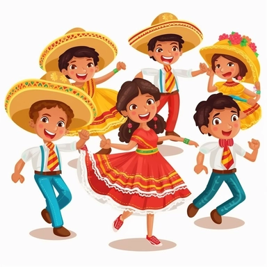kids dancing mexican regional, cartoon style, brazilian junina party, clipart