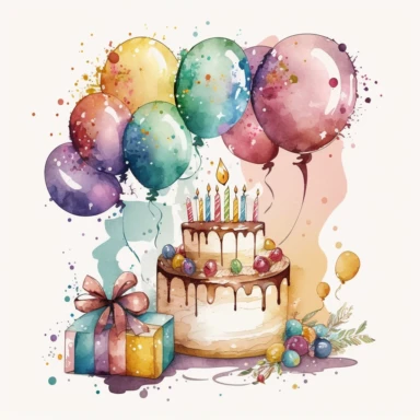 A watercolor clipart showcasing a festive birthday scene, with colorful balloons and a tempting cake arranged in an enchanting composition. The balloons, rendered with graceful brushstrokes and a vibrant color palette, float gracefully against a blanc brillant background. The cake, adorned with intricate frosting designs and a cluster of candles, takes center stage, radiating an irresistible allure. To enhance the celebratory atmosphere, delicate celebration tape is intertwined with the balloons