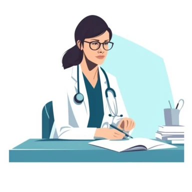 vector design, doctor woman without glasses, sitting at the table, stethoscope around the neck, medical instruments, writes, flat modern illustration, clipart, very simple picture, white background, soft gradient transition, in the style of warm color palette, natural pastel colors, in dark blue and turquoise colors, object portraiture specialist, uniformly staged images, animated illustrations
