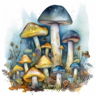 watercolor, hyper realistic, white background, white margins, 16k, ultra detailed clipart, cut out image, hand-drawn illustration style for picture books A group of magical, glowing mushrooms in shades of blue, green, and yellow, fantasy setting