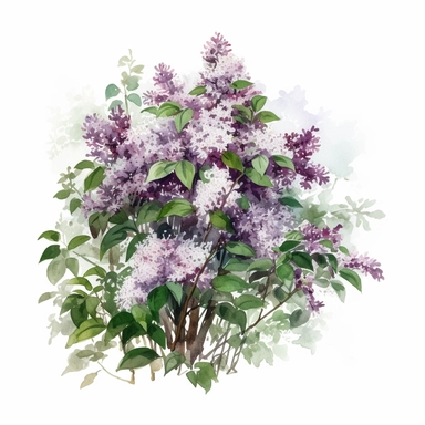lilac bush with white and purple flowers, a full lush tall bush with many green leaves, watercolor clipart, bright colors, isolated white background, 8k