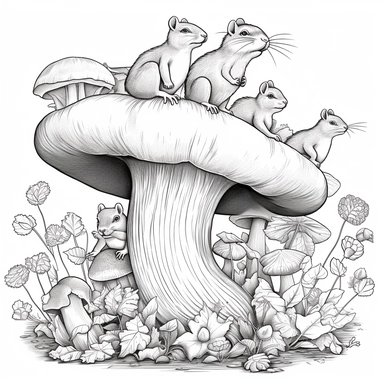giant mushroom with a wavy stem, with a family of squirrels eating, grayscale 3d vector, kids coloring book clipart style, super simple, thick, clear, lines, black and white, white background